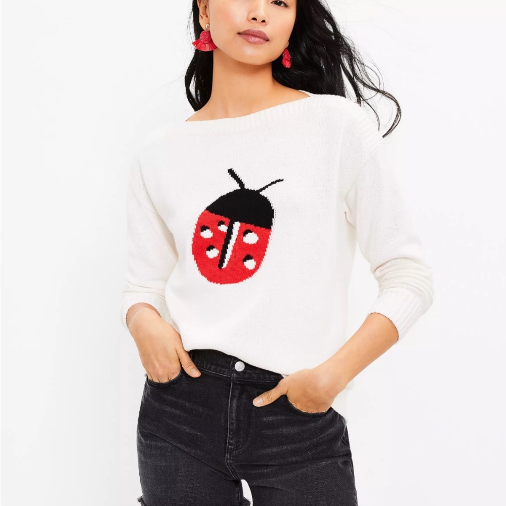 LOFT White Sweater with Red Ladybug Design